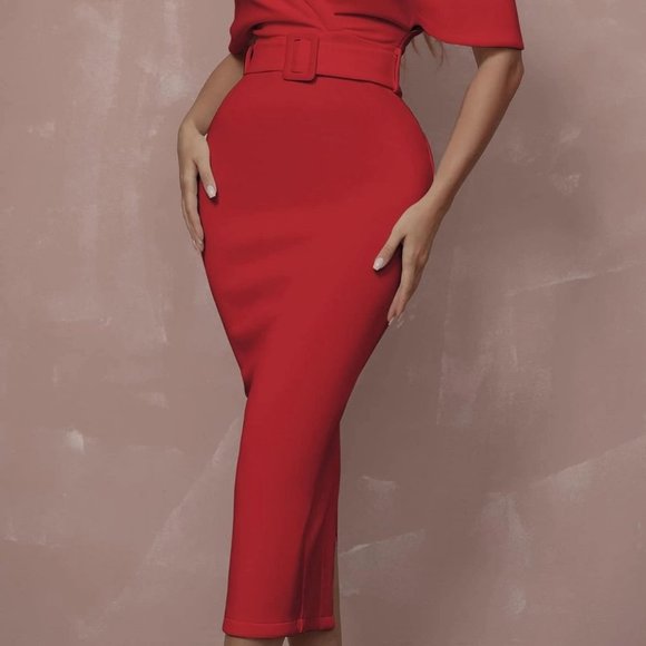 Surplice Neck Off Shoulder Backless Front Buckle Belted Cocktail Party Dress - Picture 5 of 5